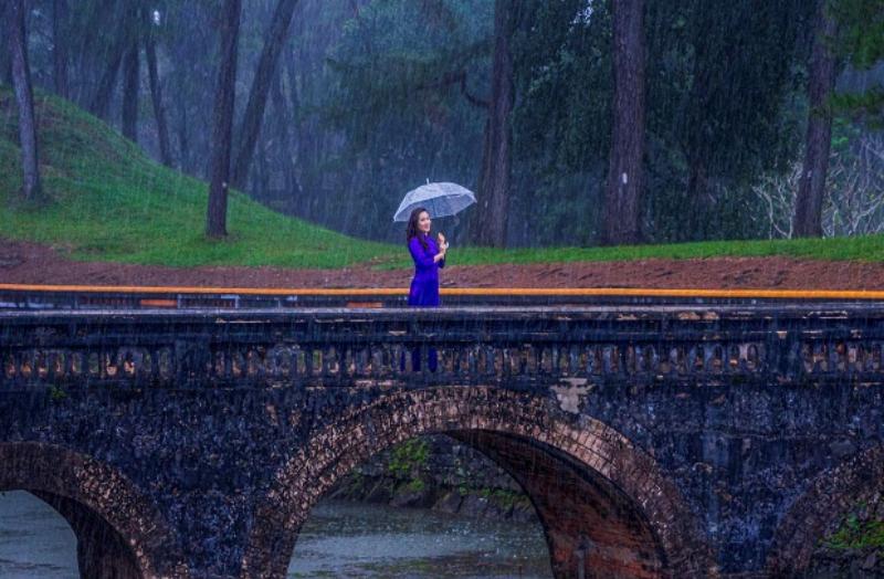 Một tách trà nóng và đĩa bánh nhỏ được đặt cạnh nhau trên tấm khăn trải, tạo nên không gian ẩm thực tinh tế giữa cảnh đẹp Đồi Vọng Cảnh Huế.